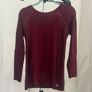 Calvin Klein NWT Merlot Red Ribbed & Gold Grommet Fitted Sweater, Size Medium
